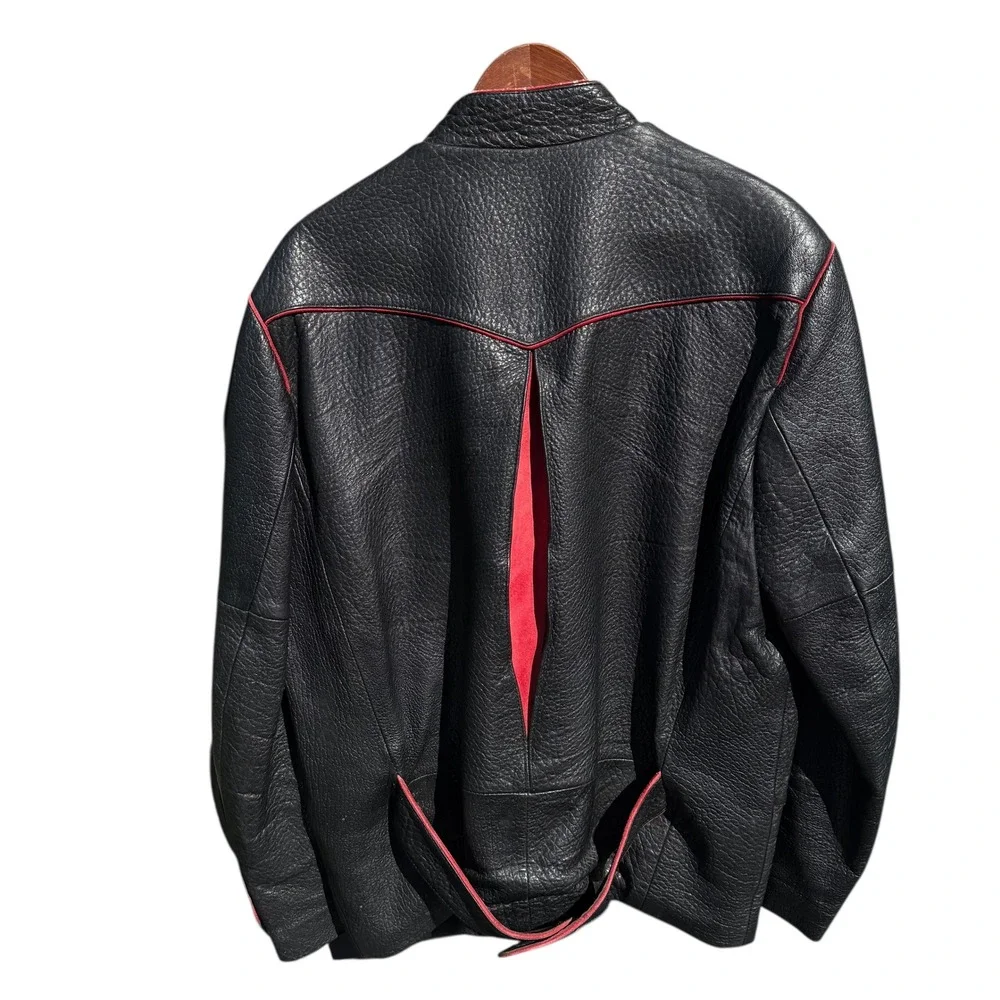 Vintage Mens Black Leather Blazer Jacket Red Trim Western Style‎ Size 50